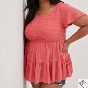 Torrid Babydoll Smocked Tiered Ruffle Flutter Sleeve Plus Size Top in Pink 2X